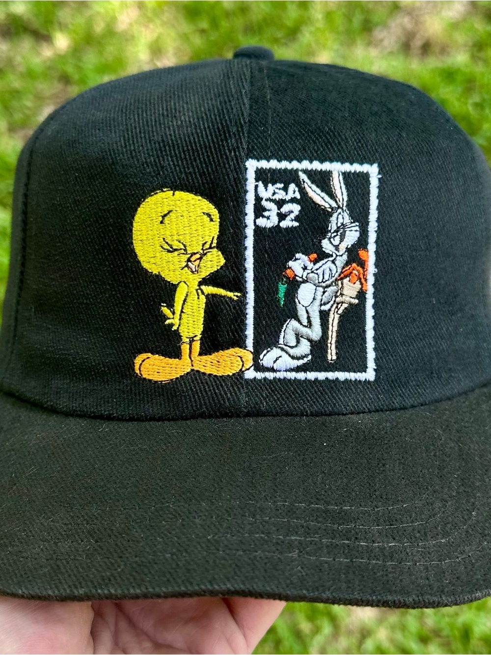 Vintage 90s Looney Tunes Tweety Bird Bugs Bunny Stamp Collection Snapback Hat